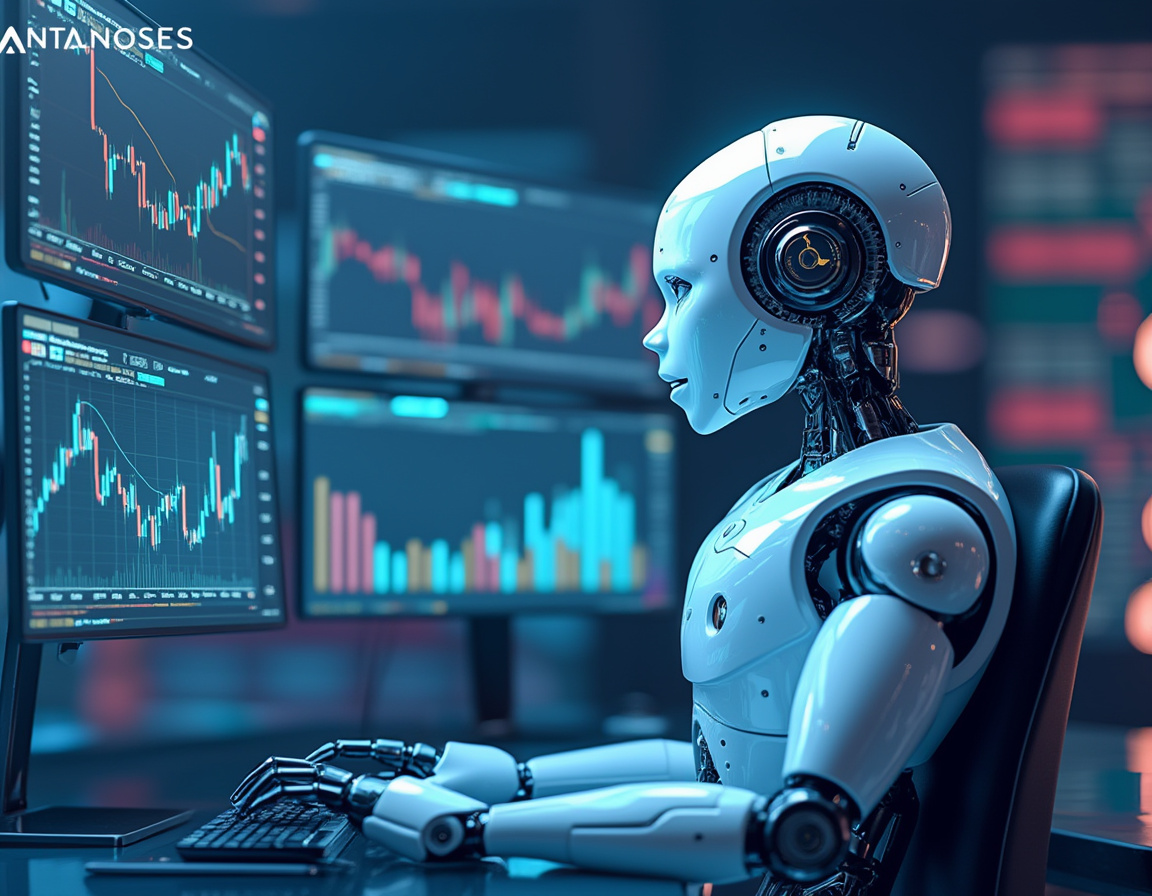 A hyper-realistic AI trading bot analyzes market data on multiple screens in a futuristic workspace.