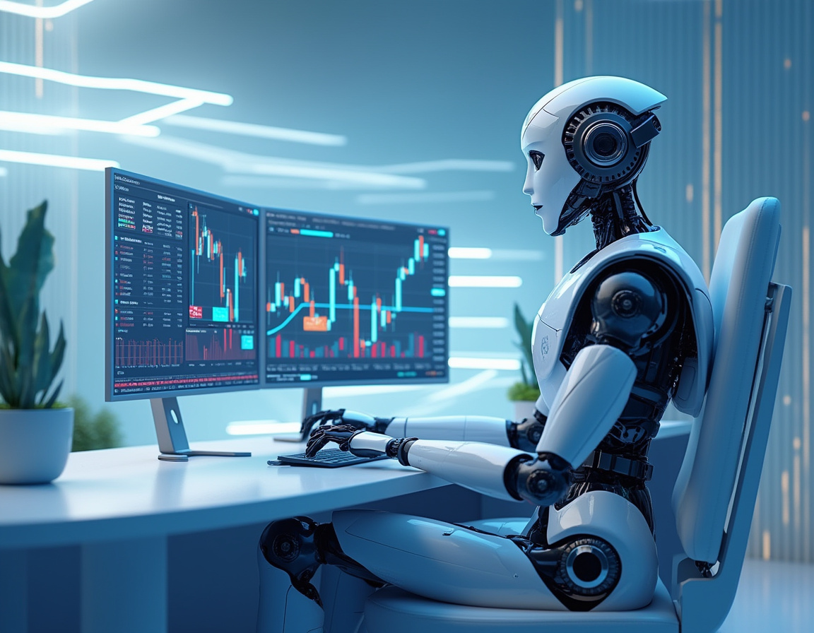 A sleek, humanoid AI trading bot at a high-tech workstation analyzing crypto and stock market data.