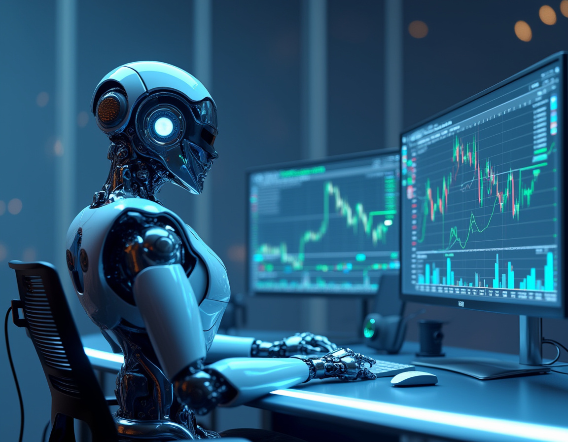 A humanoid AI trading bot analyzes market data at a high-tech workstation with multiple screens.