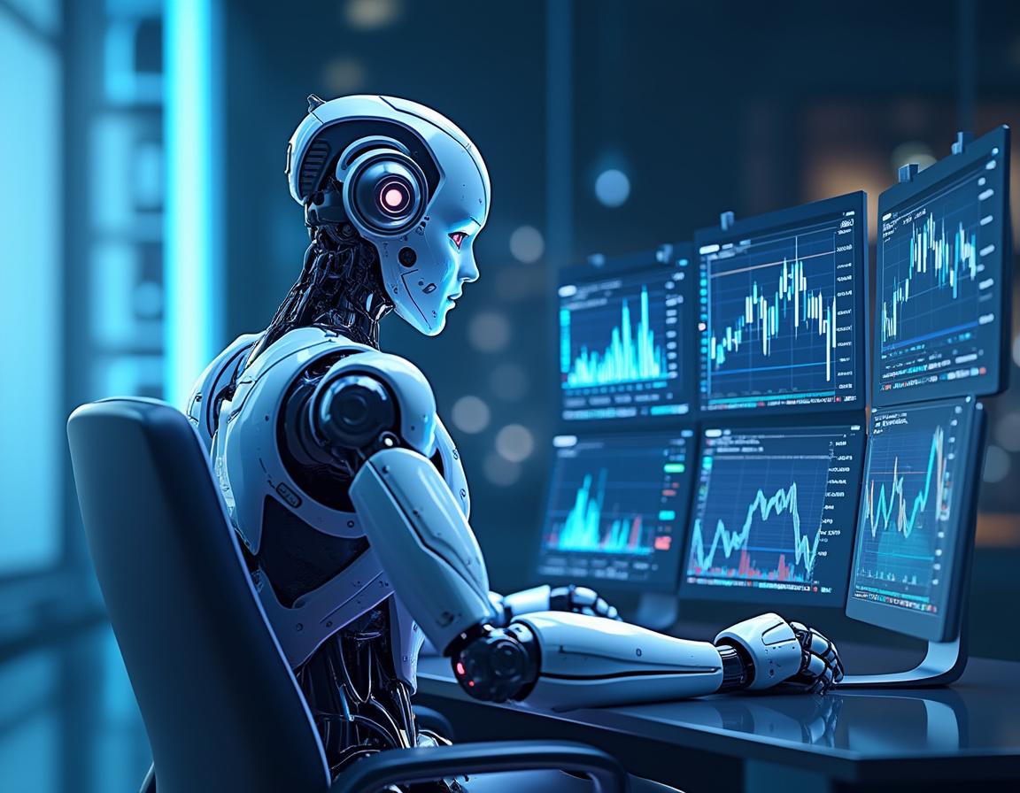 A hyper-realistic AI trading bot at a high-tech workstation, analyzing stock and crypto market data.