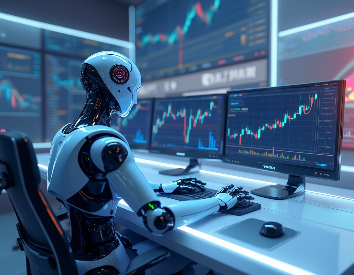 A futuristic AI trading bot at a workstation analyzing market data with multiple screens in view.