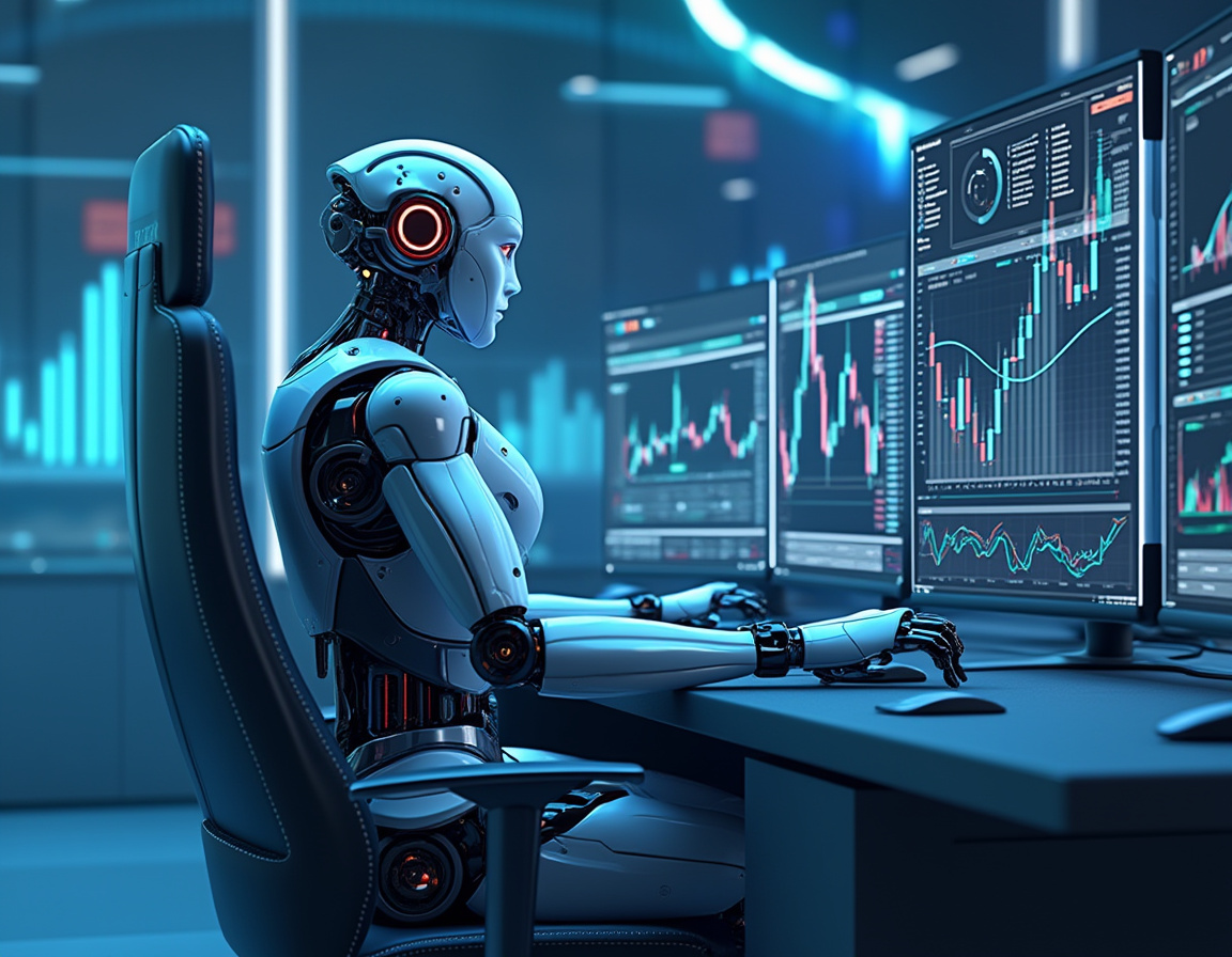 A humanoid AI trading bot at a high-tech workstation, analyzing market data with glowing screens.