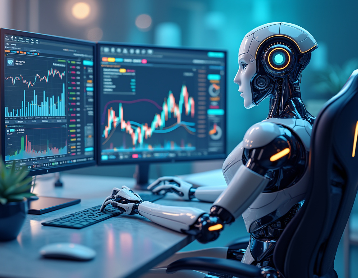 A hyper-realistic AI trading bot at a high-tech workstation, analyzing stock and crypto market data.