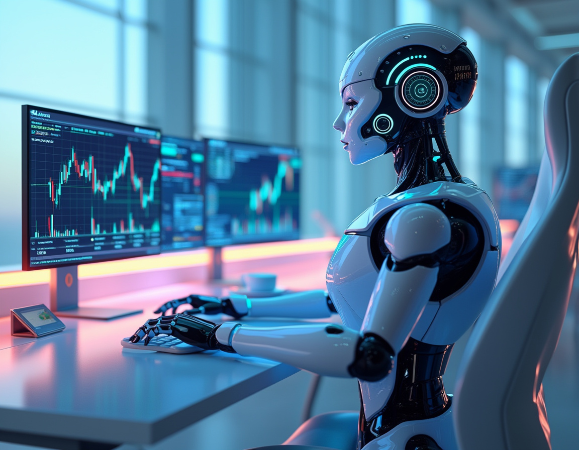 A hyper-realistic AI trading bot analyzes market data on multiple screens in a futuristic workspace.