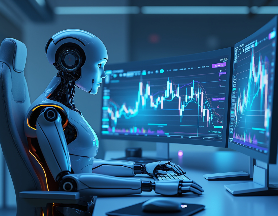 A futuristic AI trading bot at a sleek workstation analyzing market data on multiple screens in 3D.