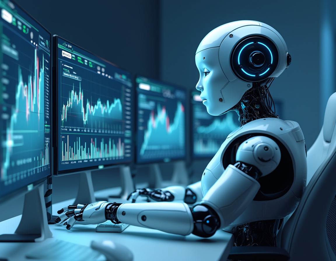 A hyper-realistic AI trading bot at a workstation, analyzing market data on multiple screens.