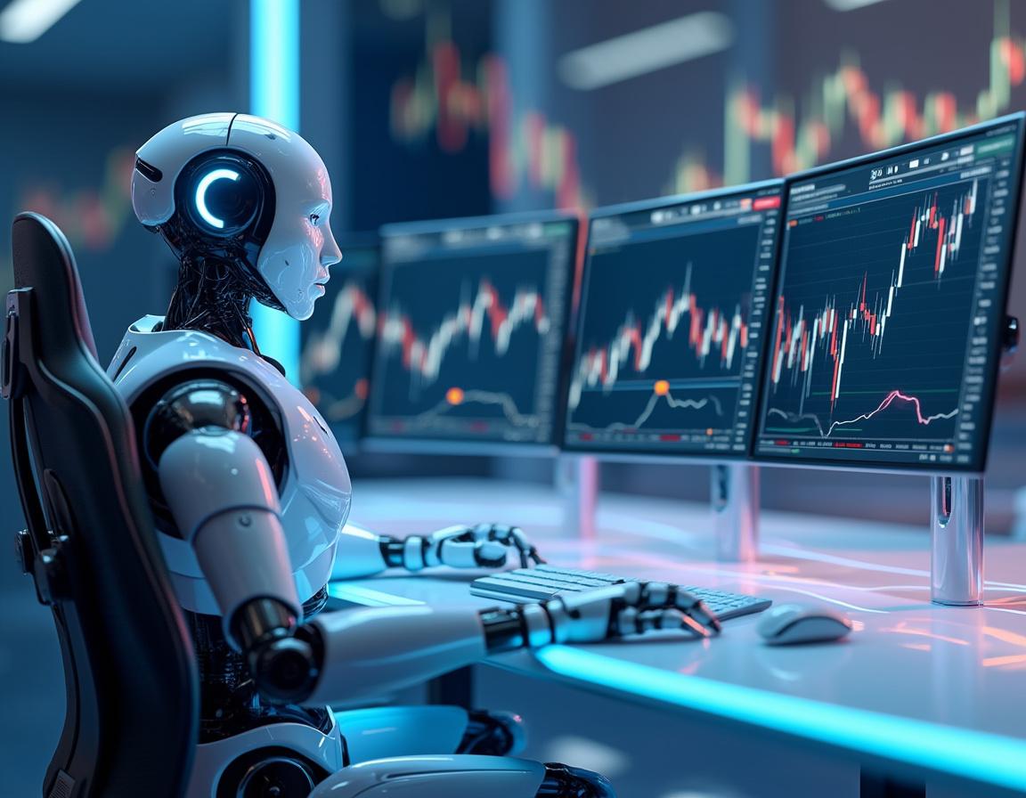 A humanoid AI trading bot analyzes market data at a high-tech workstation with glowing screens.