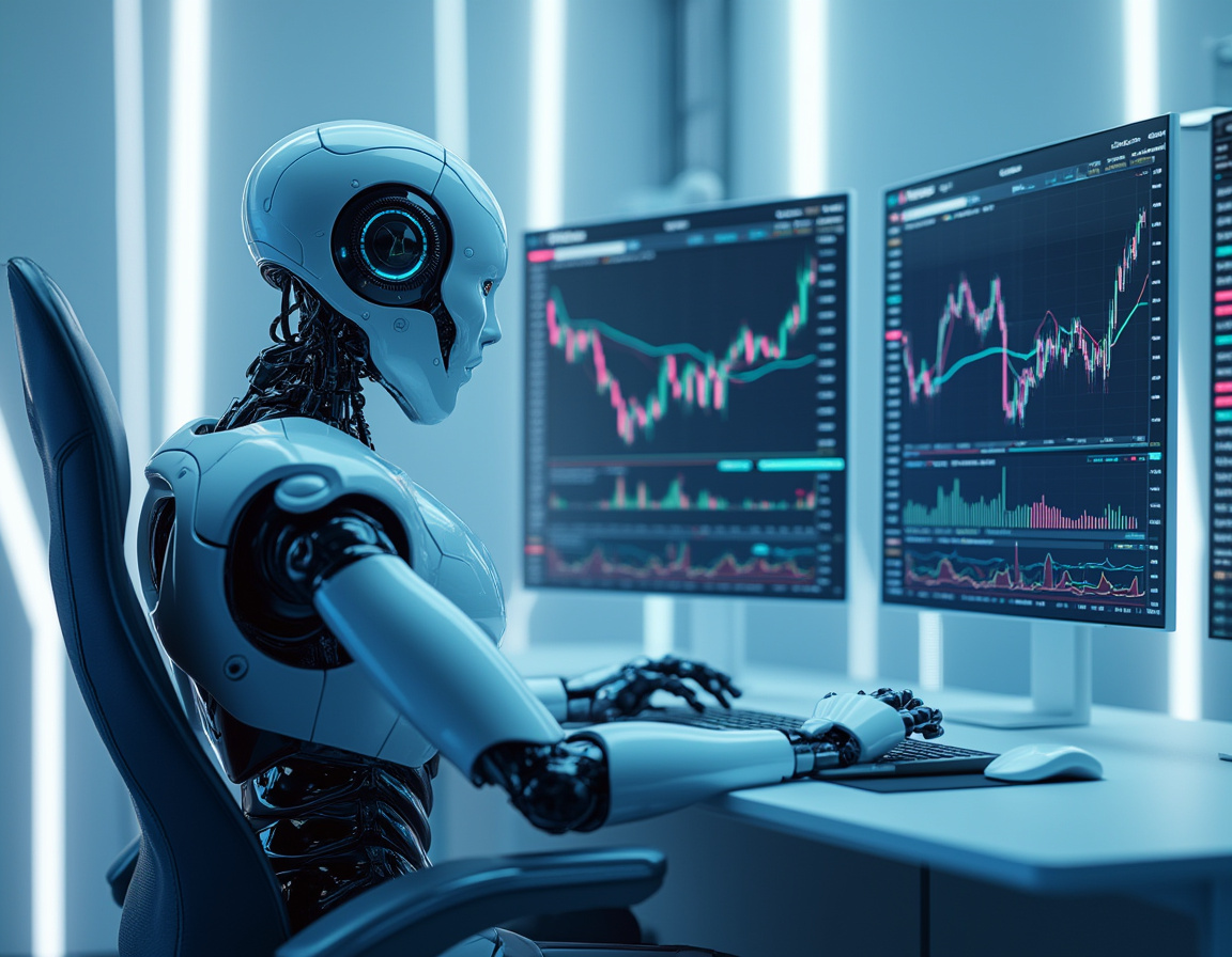 A sleek humanoid AI trading bot analyzes market data in a futuristic, high-tech trading environment.