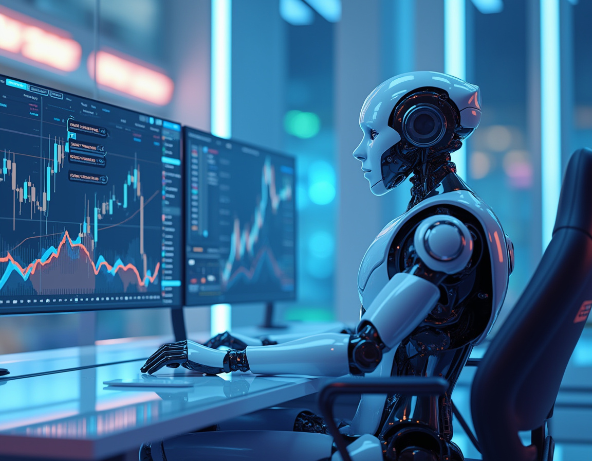 A hyper-realistic AI trading bot at a sleek workstation analyzing market data on multiple screens.