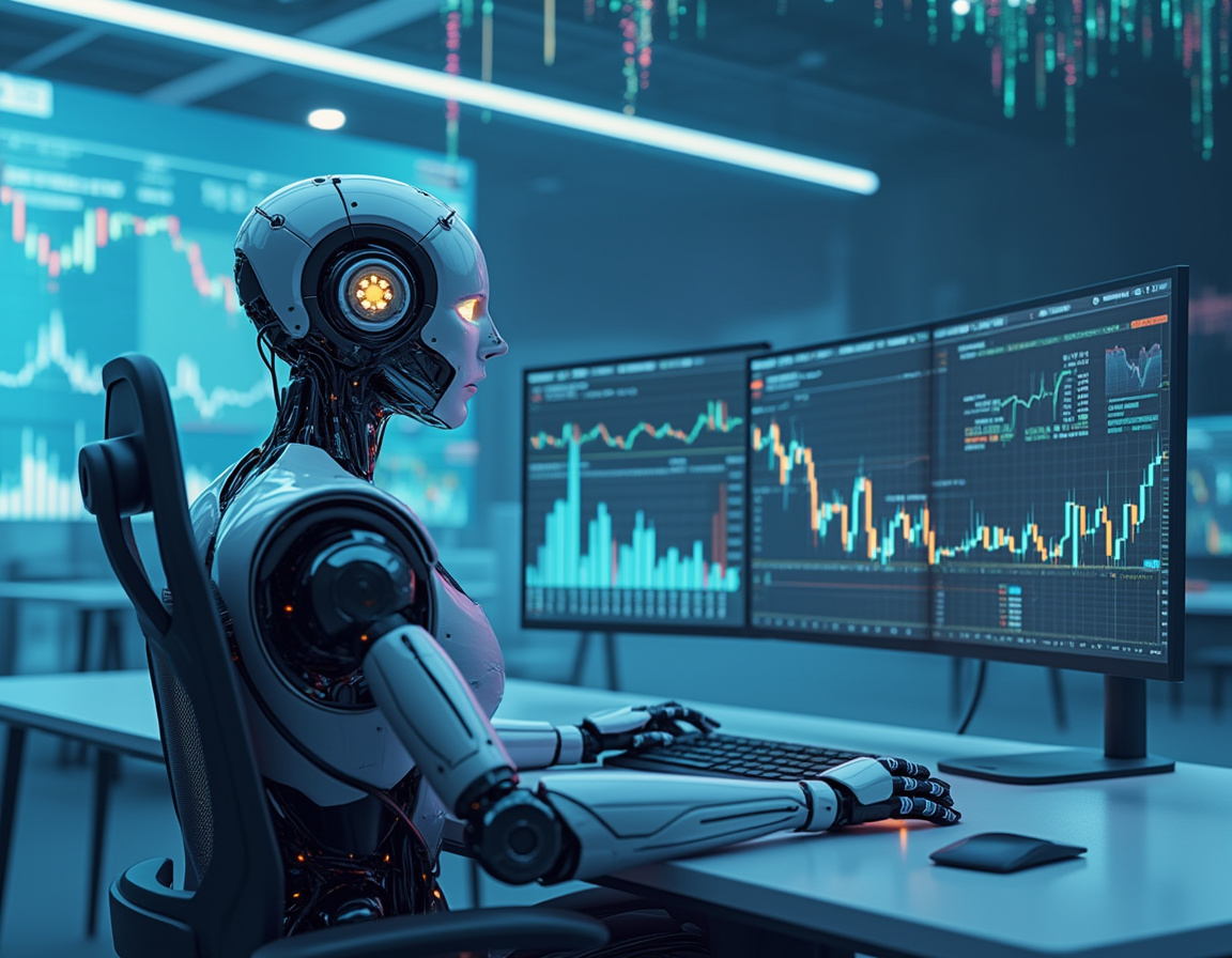 A sleek humanoid AI trading bot at a high-tech workstation analyzing stock and crypto market data.