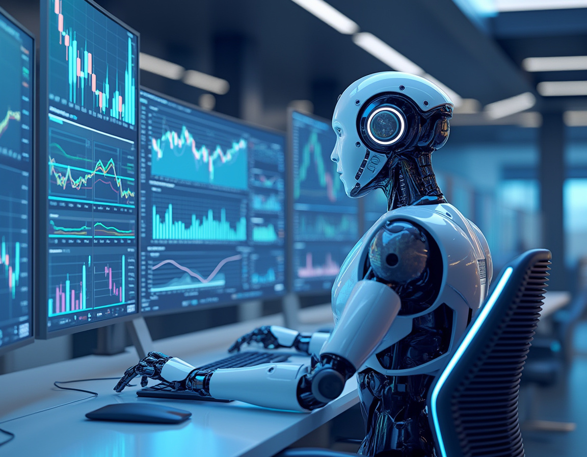 A hyper-realistic AI trading bot at a workstation analyzing market data on multiple screens.