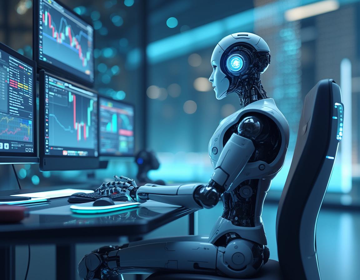 A hyper-realistic AI trading bot at a high-tech workstation analyzing multiple market data screens.