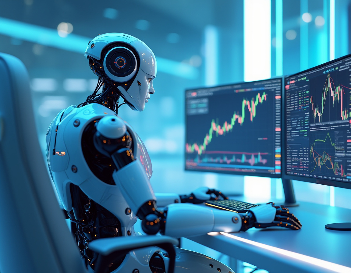 A hyper-realistic AI trading bot sits at a workstation, analyzing market trends on multiple screens.