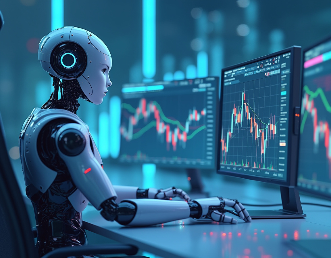 A hyper-realistic AI trading bot at a sleek workstation, analyzing stock and crypto market data.
