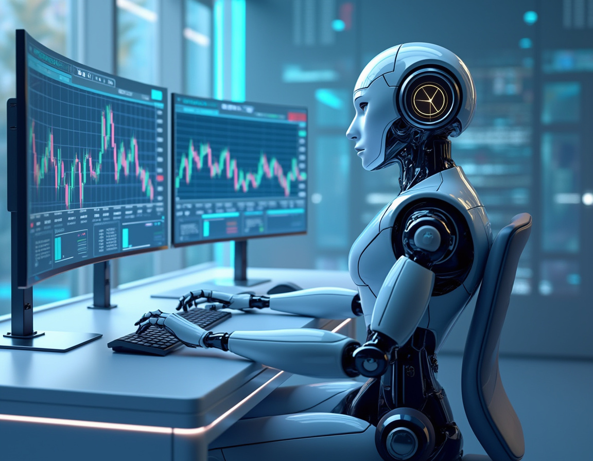 A hyper-realistic AI trading bot at a workstation analyzing market data in a futuristic setting.