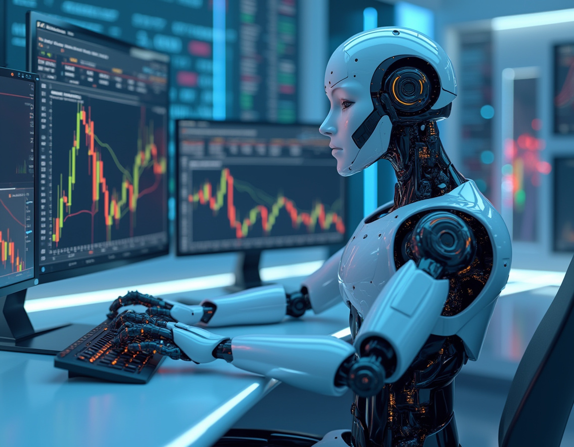 A humanoid AI trading bot analyzes data at a futuristic workstation with multiple market screens.