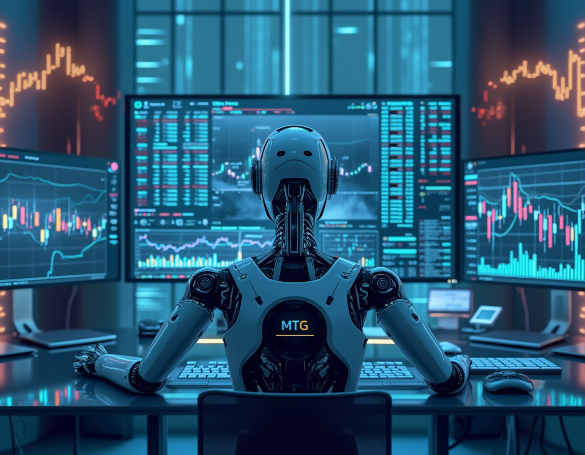 A hyper-realistic AI trading bot at a workstation, analyzing market data on multiple bright screens.