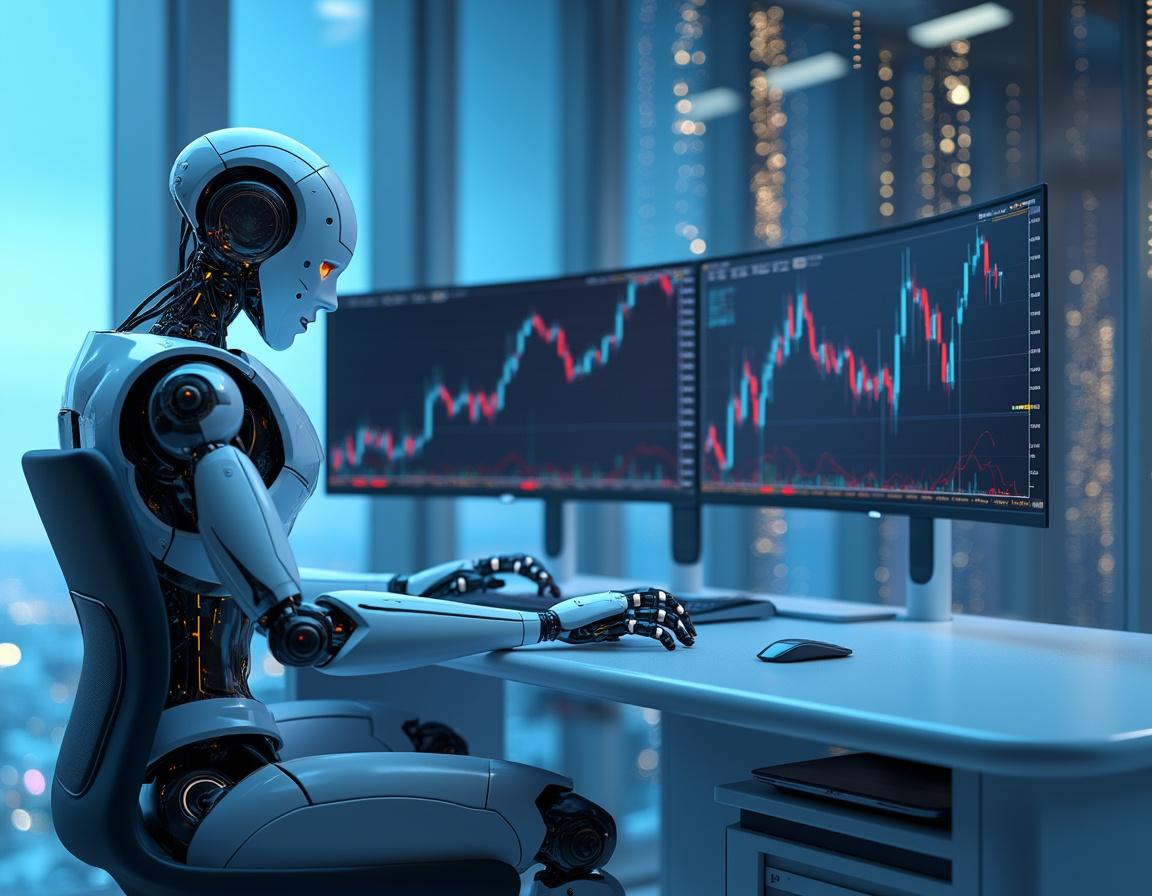 A humanoid AI trading bot analyzes market data at a high-tech workstation with multiple screens.