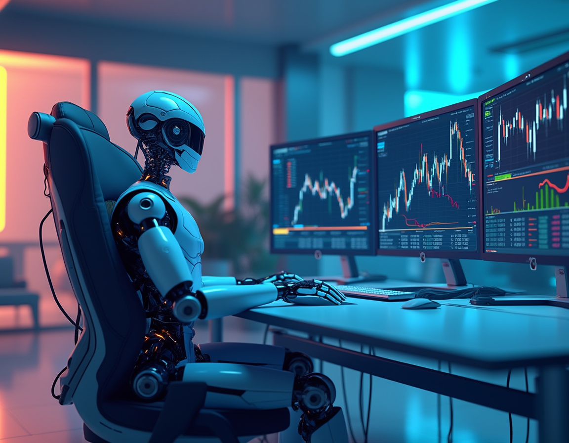 A humanoid AI trading bot at a high-tech workstation analyzing market data with multiple screens.