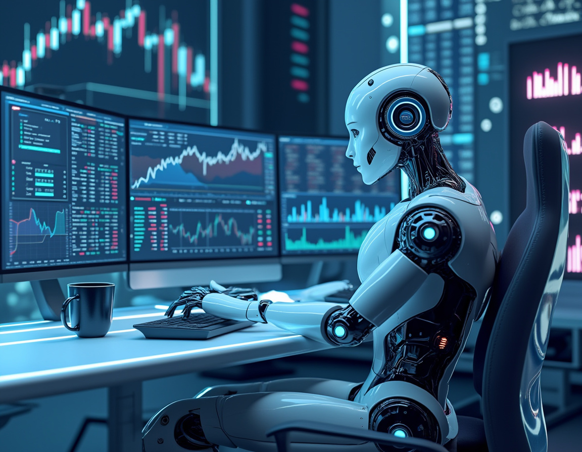 A humanoid AI trading bot analyzes market data at a futuristic workstation with glowing screens.
