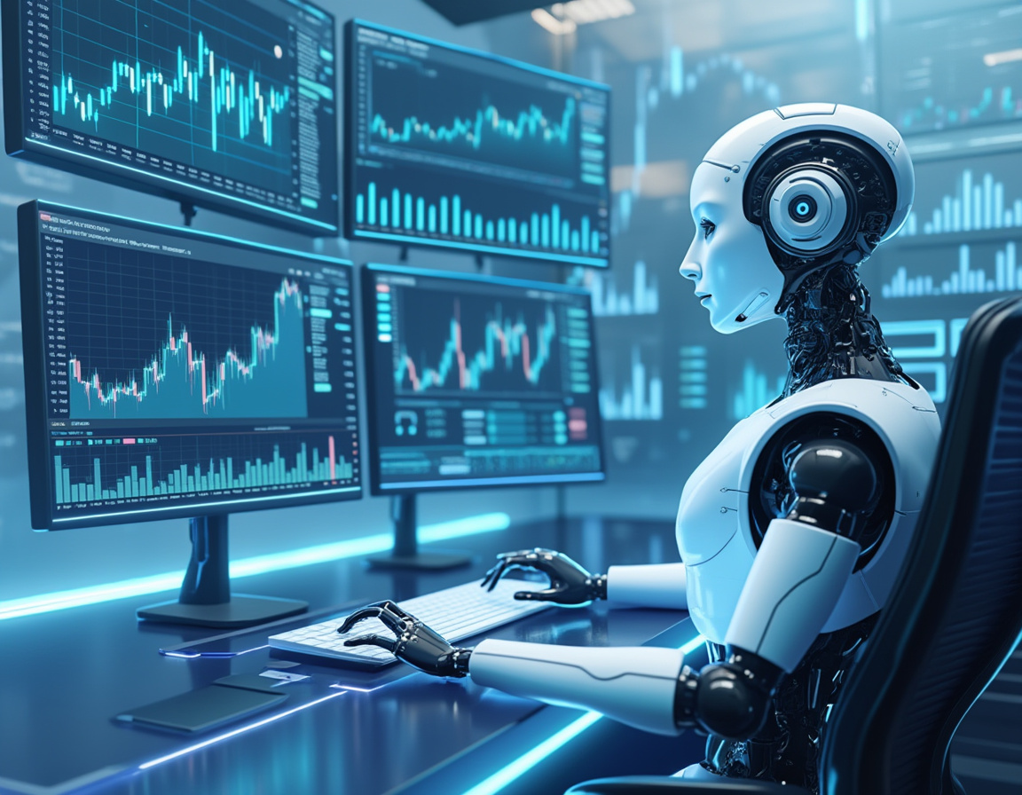 A humanoid AI trading bot analyzes market data in a high-tech workstation with glowing screens.