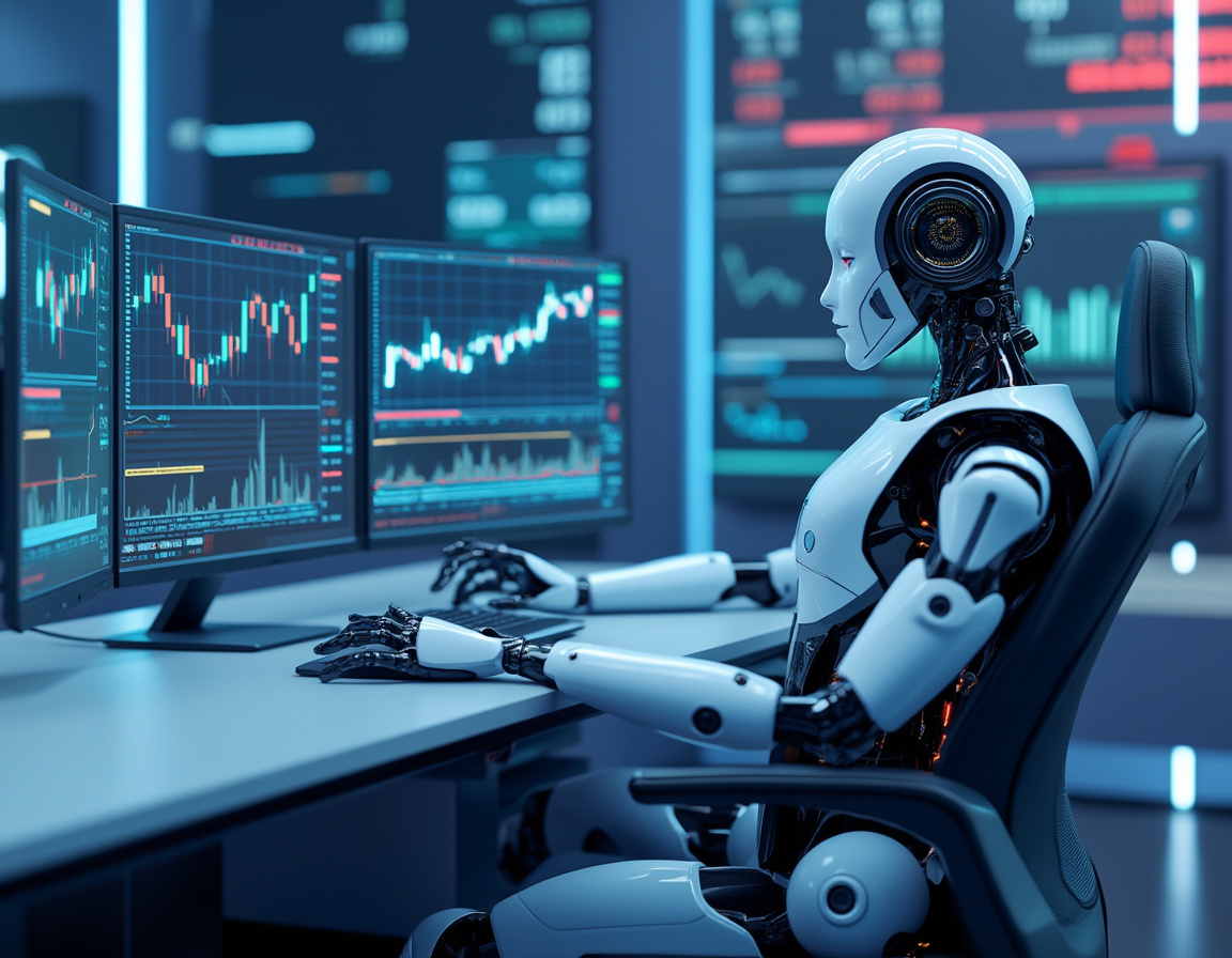 A humanoid AI trading bot at a high-tech desk analyzes crypto markets on multiple screens.