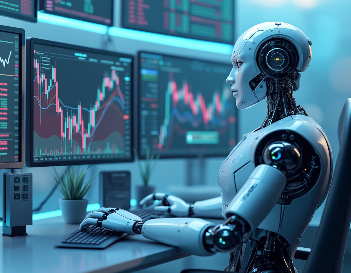 A hyper-realistic AI trading bot at a high-tech station analyzing market data on glowing screens.