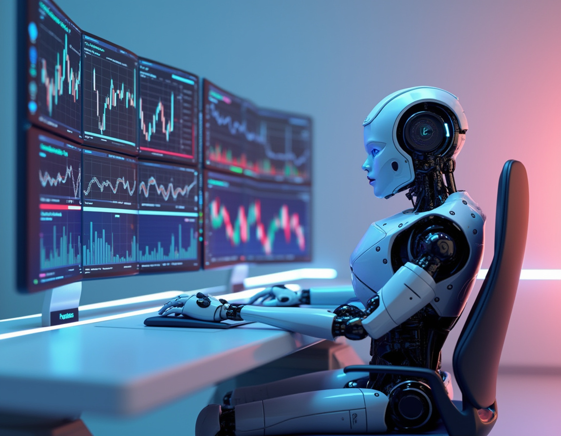 A humanoid AI trading bot at a sleek workstation analyzes data across multiple dynamic screens.