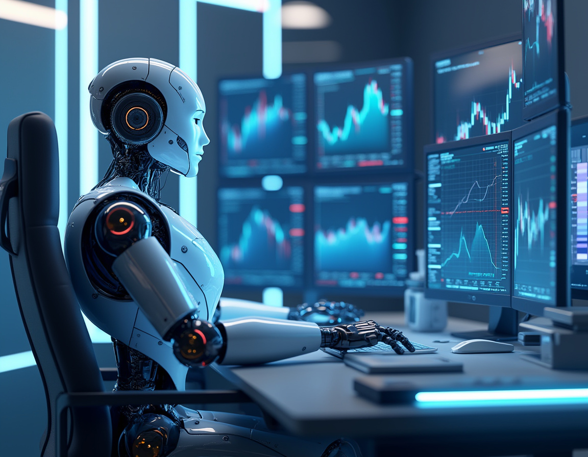 A hyper-realistic AI trading bot at a workstation analyzing market data on multiple screens.