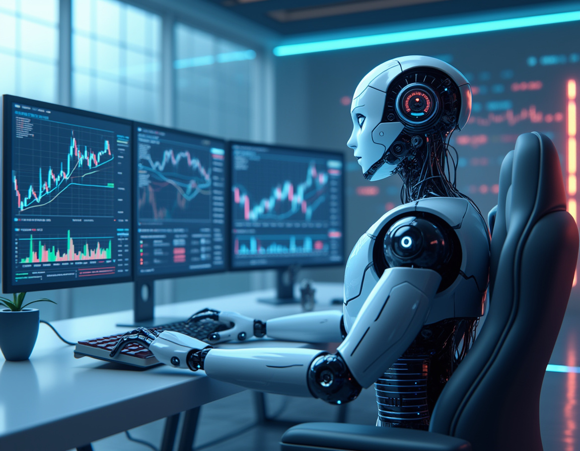 A humanoid AI trading bot analyzes data at a sleek workstation with multiple market screens in view.