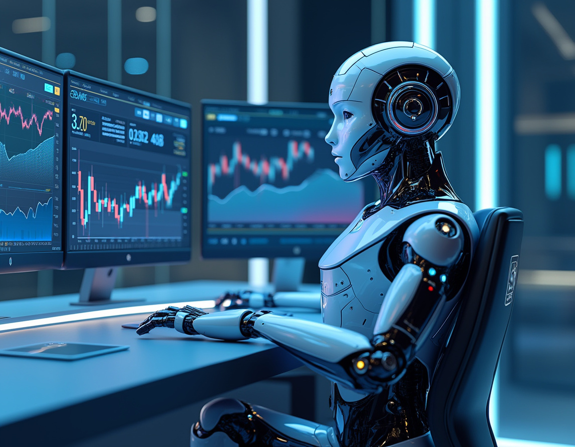 A humanoid AI trading bot analyzes market data at a futuristic workstation, surrounded by screens.