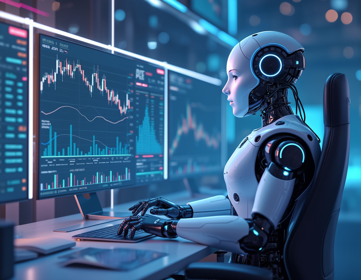 A futuristic AI trading bot at a workstation analyzes market data on multiple screens, evoking calm.