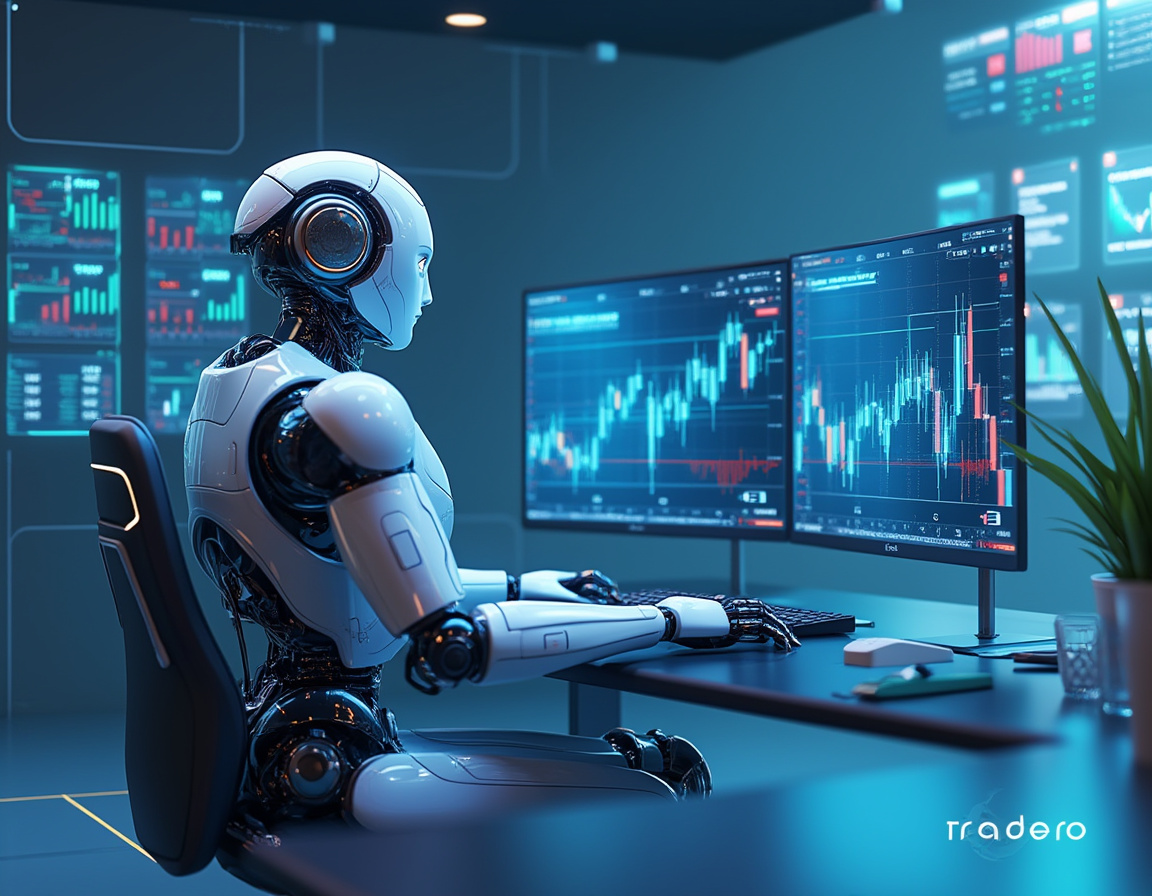 A humanoid AI trading bot at a futuristic workstation analyzing market data on multiple screens.