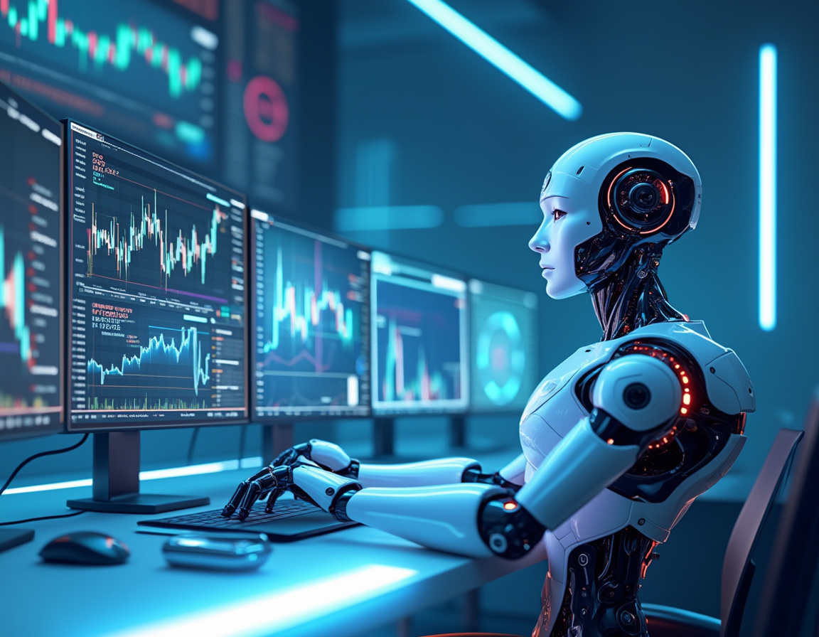 A hyper-realistic AI trading bot at a high-tech workstation analyzing stock and crypto market data.