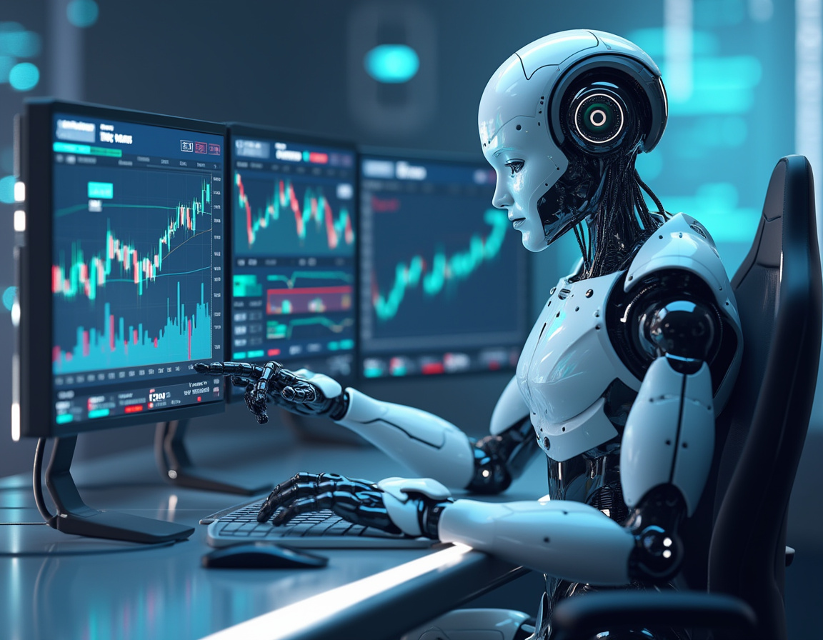 A hyper-realistic AI trading bot analyzes market data at a sleek workstation with multiple screens.