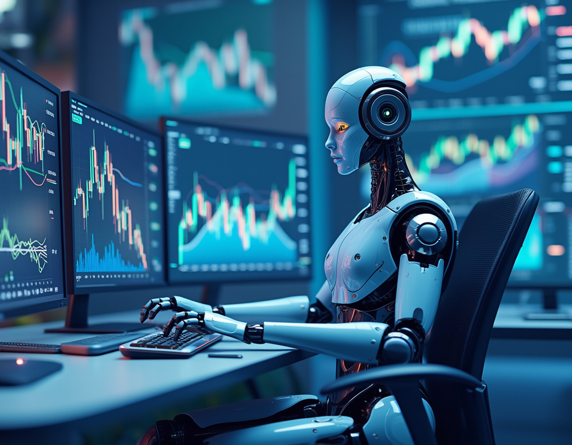 A hyper-realistic AI trading bot at a workstation, analyzing market data on multiple screens.