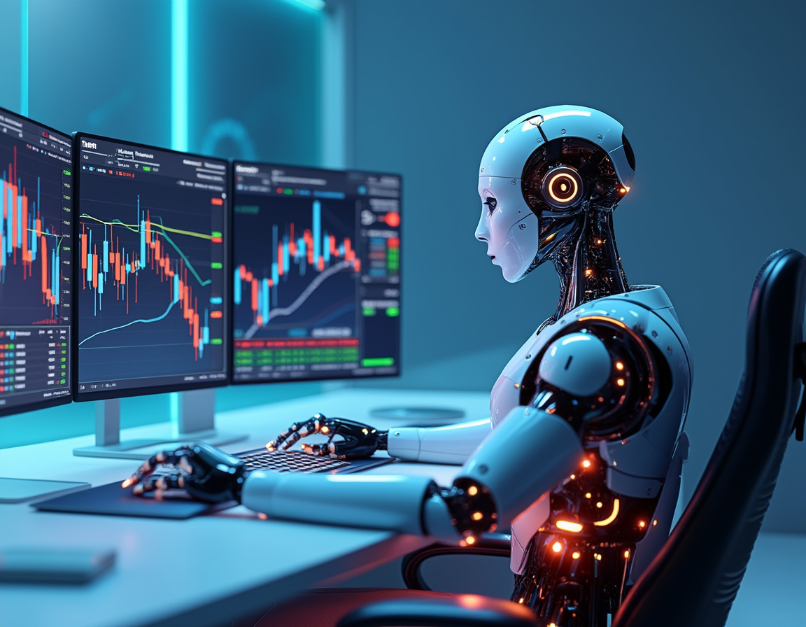 A hyper-realistic AI trading bot in a high-tech workspace analyzes market data on multiple screens.