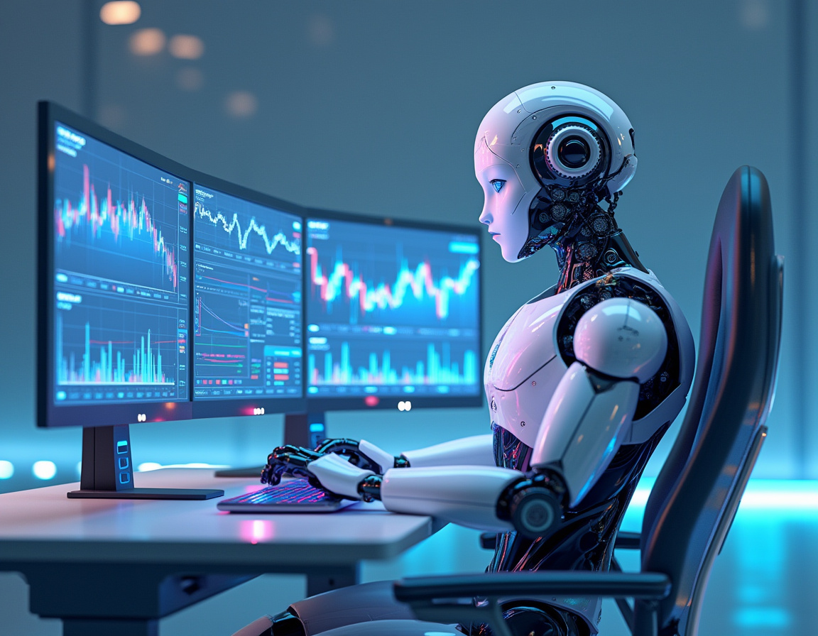 A humanoid AI trading bot analyzes market data on multiple screens in a futuristic workstation.