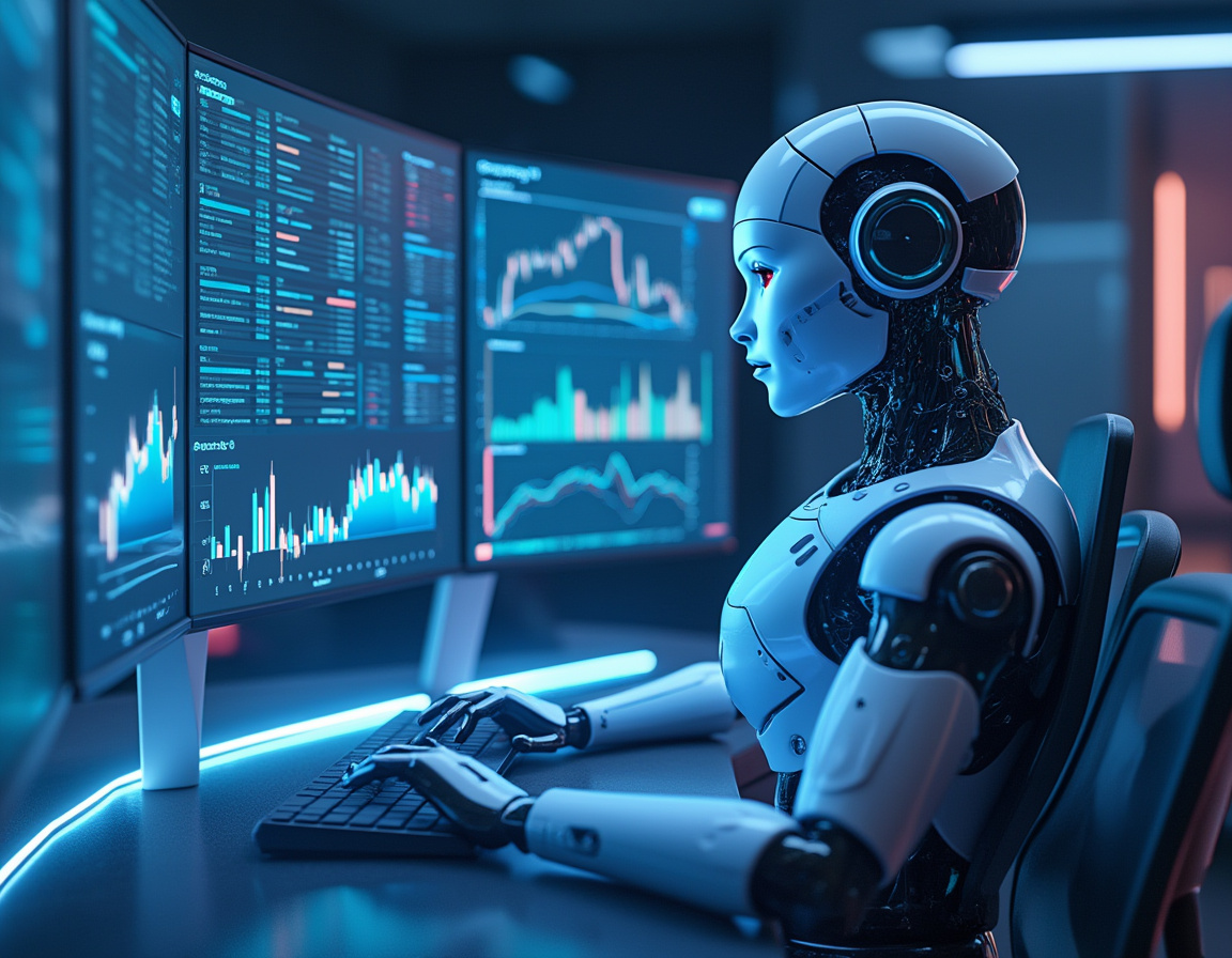 A hyper-realistic AI trading bot analyzes market data on multiple screens in a sleek workstation.