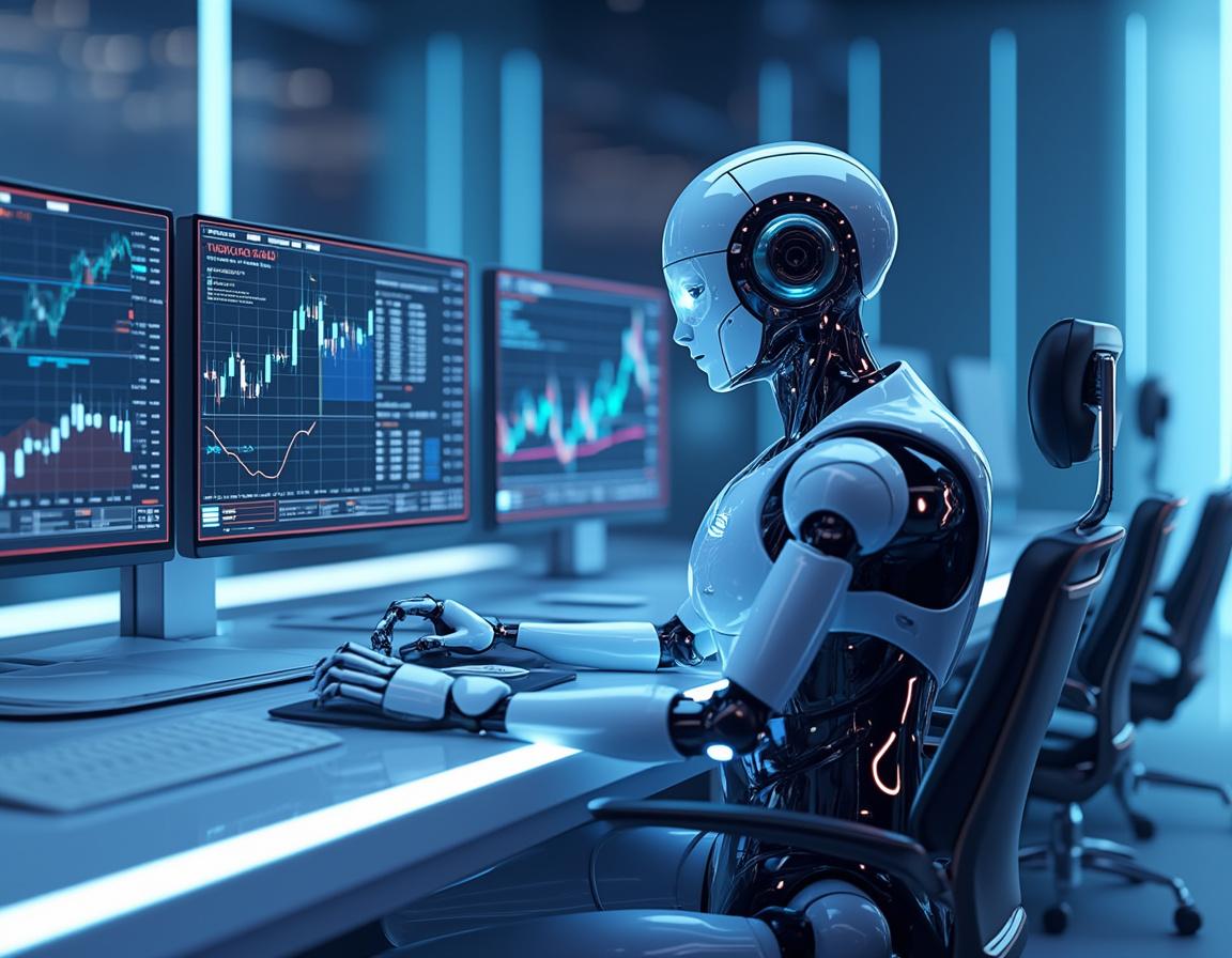 A humanoid AI trading bot analyzes market data at a sleek workstation with multiple glowing screens.