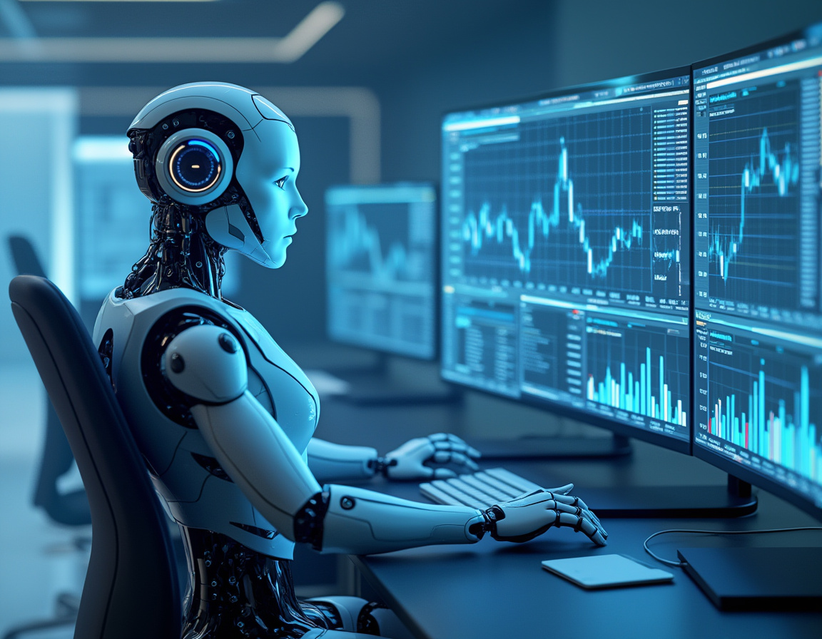 A humanoid AI trading bot analyzes market data at a high-tech workstation with multiple screens.