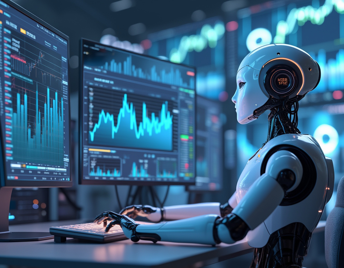 A futuristic AI trading bot at a high-tech workstation analyzing market data on multiple screens.