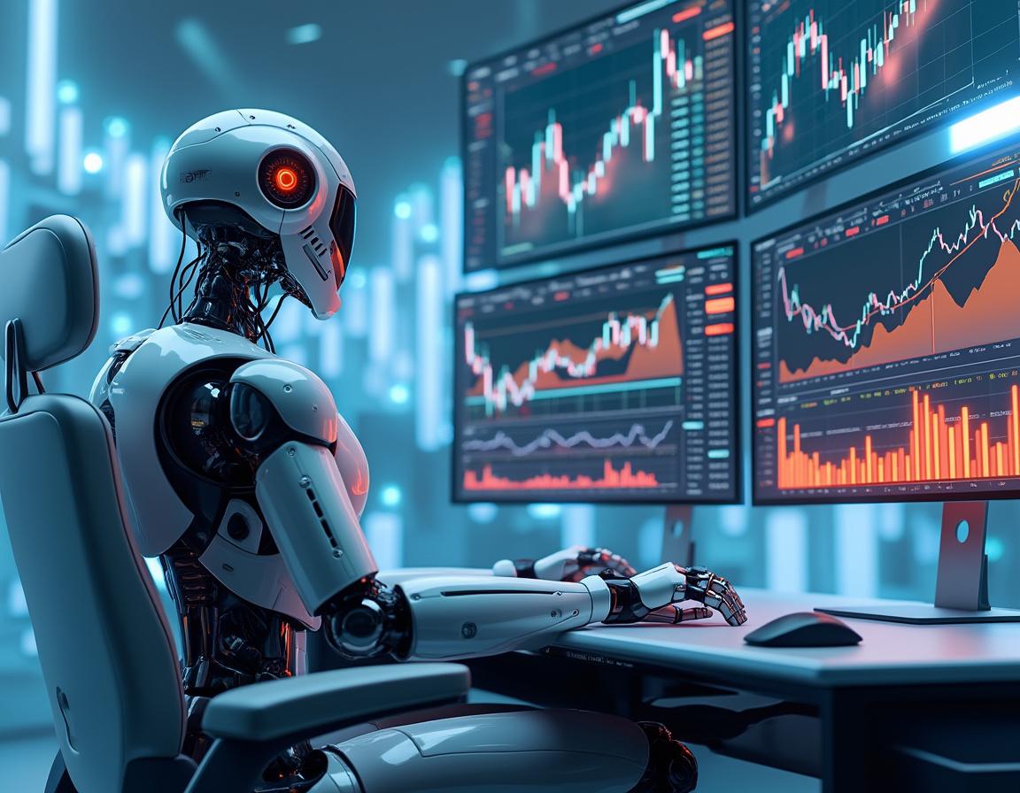 A hyper-realistic AI trading bot at a workstation analyzing crypto market data on multiple screens.
