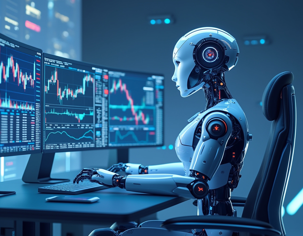 A hyper-realistic AI trading bot at a futuristic workstation analyzing data on multiple screens.