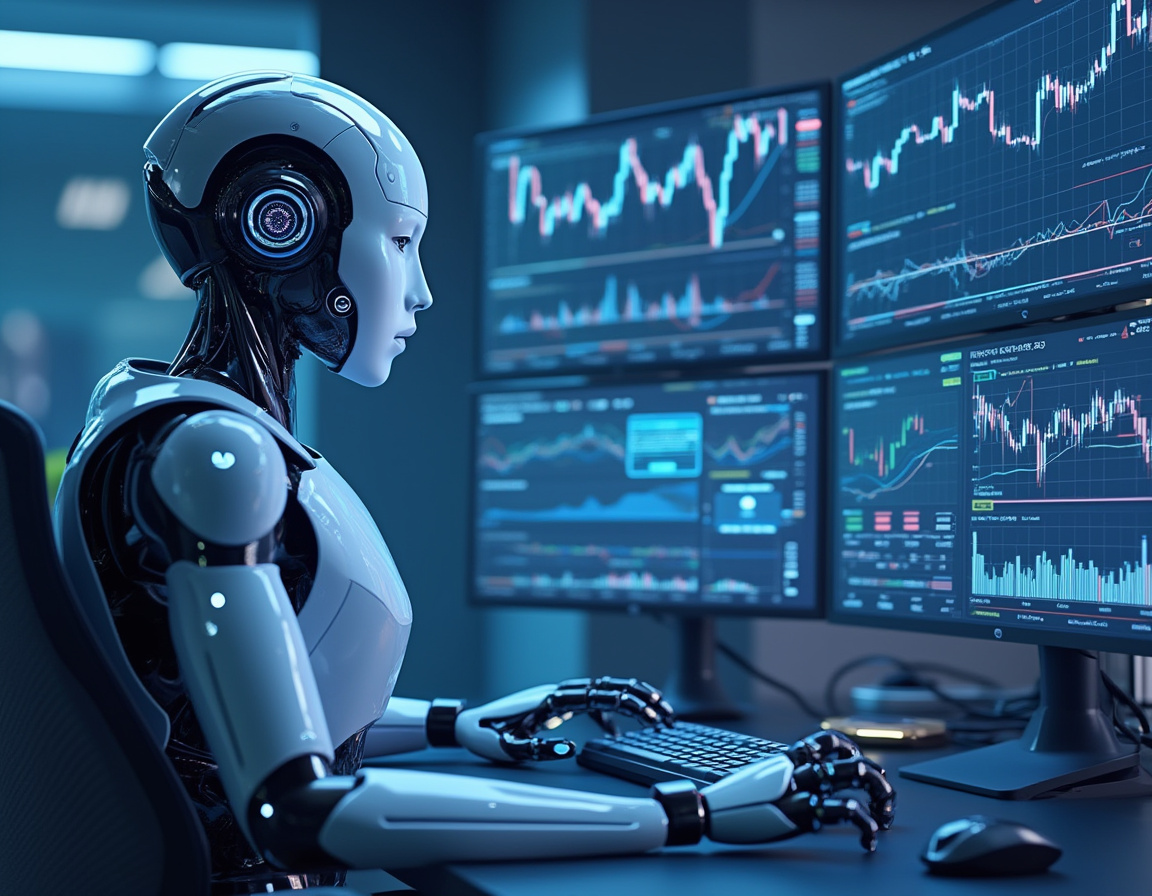 A hyper-realistic AI trading bot analyzes market data at a sleek workstation with multiple screens.