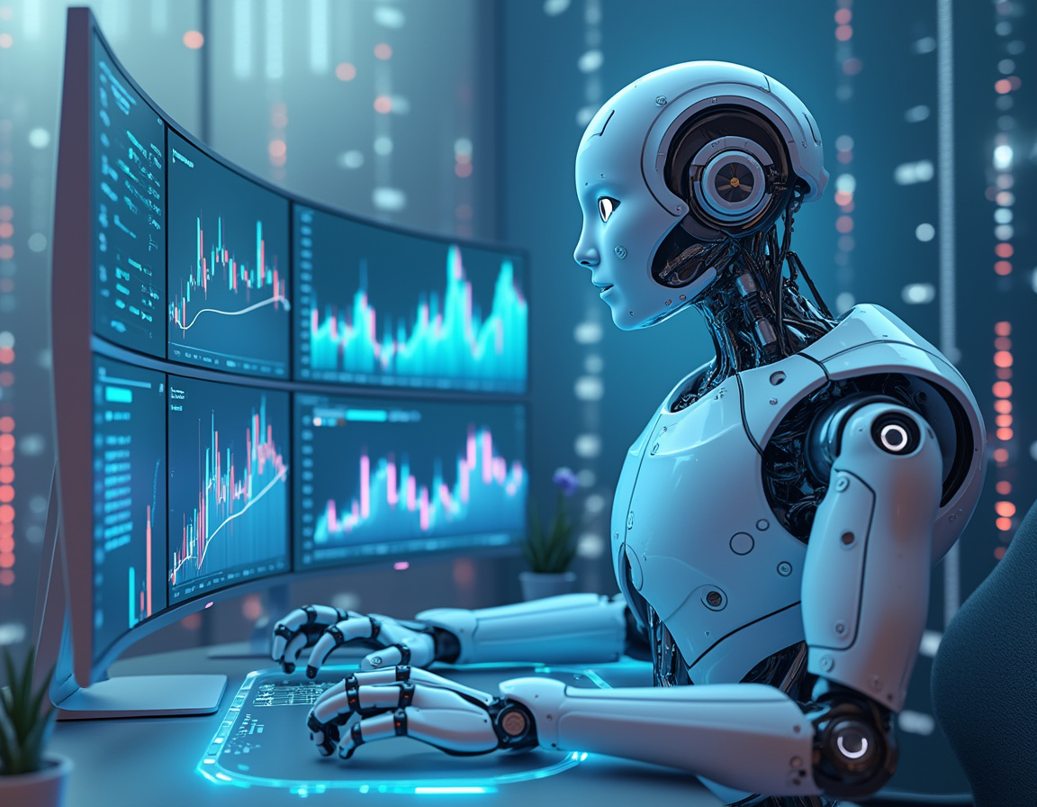 A humanoid AI trading bot analyzes market data at a high-tech workstation with various screens.