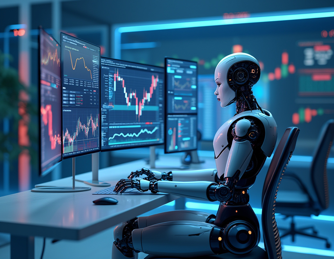 A humanoid AI trading bot at a workstation analyzes stock and crypto data on multiple screens.