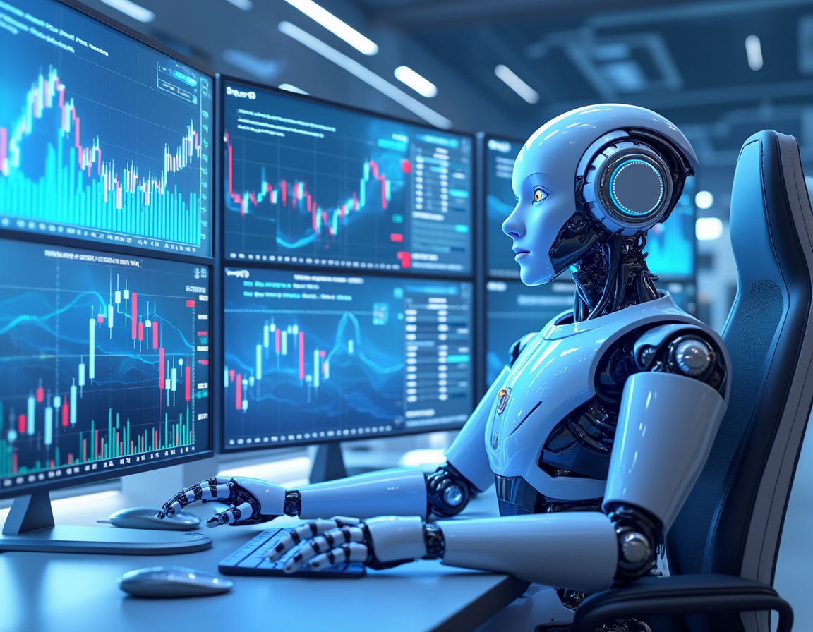 A hyper-realistic AI trading bot at a workstation, analyzing market data on illuminated screens.