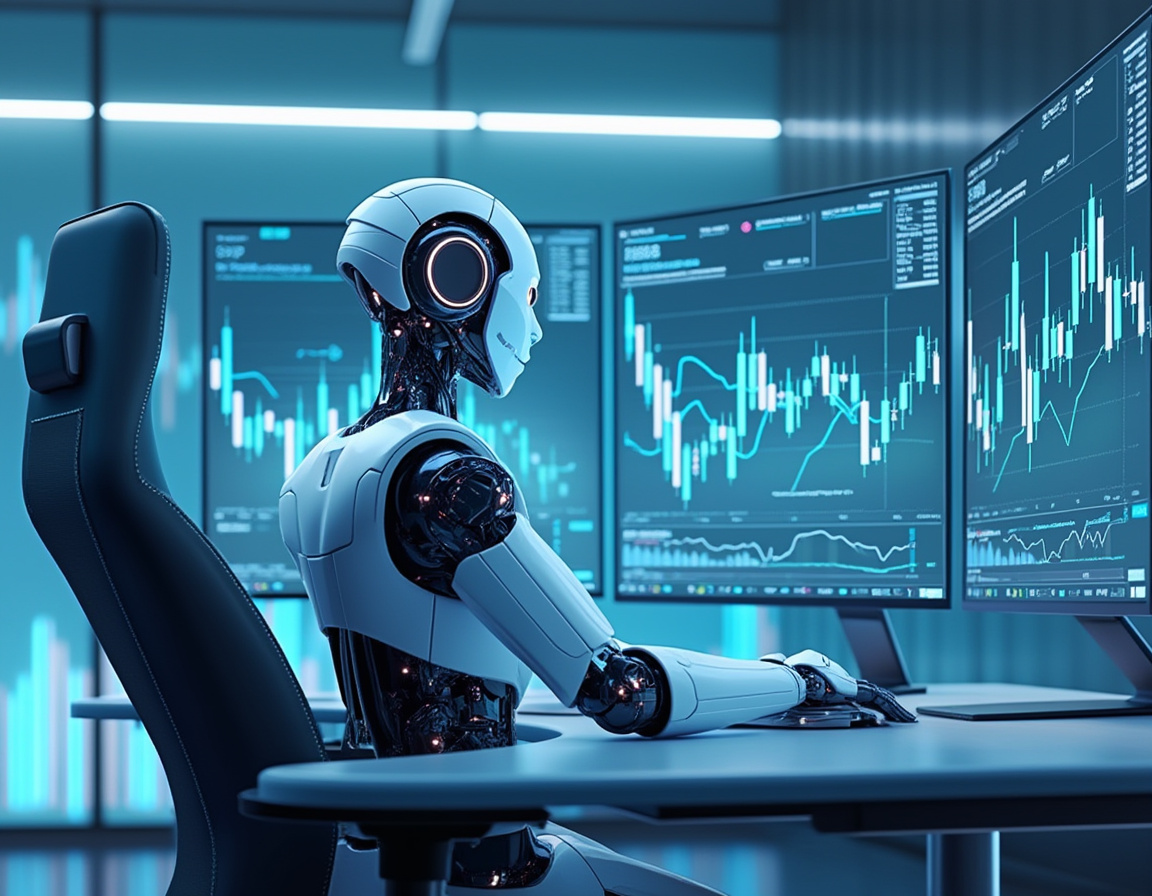 A hyper-realistic AI trading bot in a futuristic workspace analyzes market data on multiple screens.