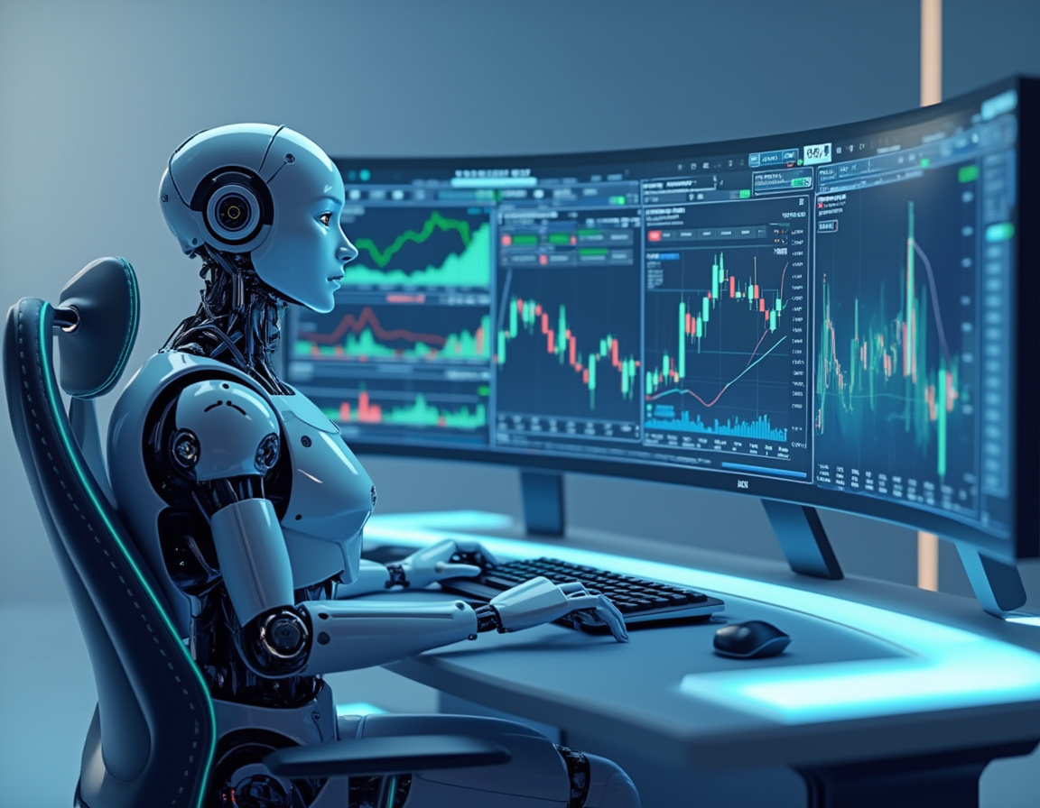 A hyper-realistic AI trading bot in a futuristic setting, analyzing data across multiple screens.